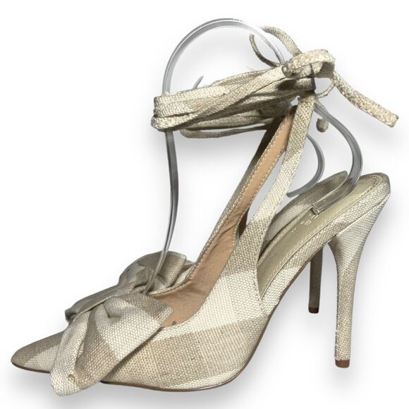 ASOS Women Linen Lace Up High Heels Shoes Size US 6 UK 4 Grayish Beige Bow Front - Picture 7 of 11